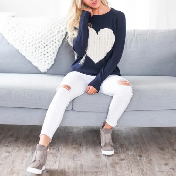 NEW Navy Oatmeal Cable Heart Cotton Blend Sweater - Picture 3 of 12